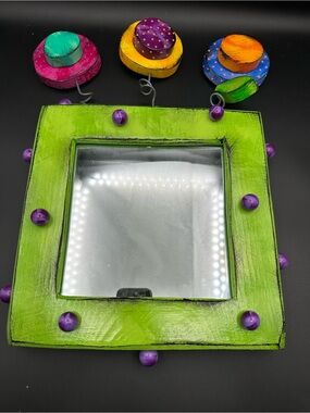 Tra Art Studios Whimsical Mirror – Hand Painted Green Frame, Purple, Folk Art